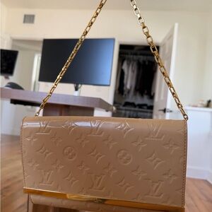 Louis Vuitton Beige Monogram Clutch with Gold Chain